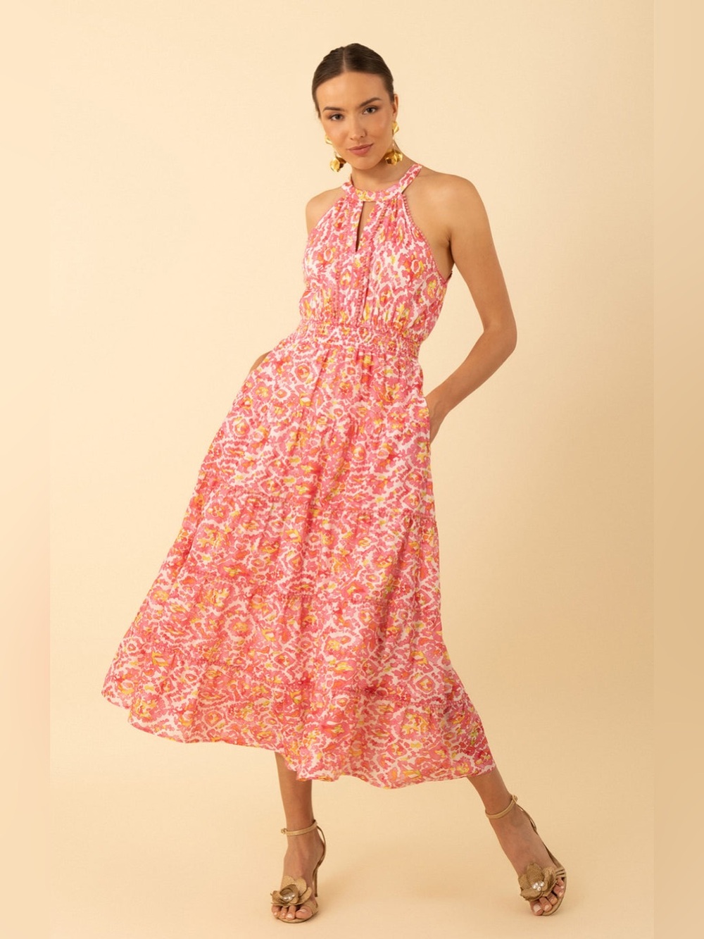 Hale Bob Denver Voile Dress XS Pink Floral Halter Dress